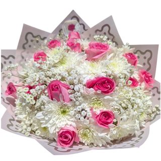 Pink Rose & White Baby Breath