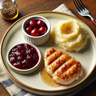 Piept de pui cu piure de cartofi si dulceata de visine