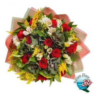 Rose rosse, alstromeria bianca e mimosa