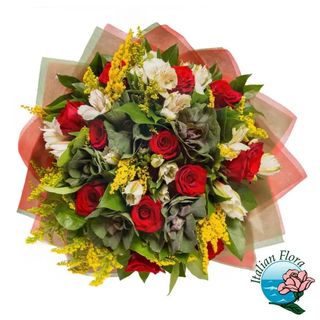 Rose rosse, alstromeria bianca e mimosa