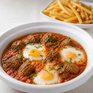 Tajine de viande hachée aux œufs + frites ou riz