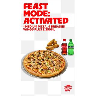 1 medium Pizza + 4 breaded wings + 2 350ml drinks
