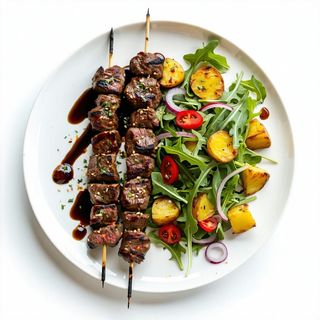 Shish kebap con patate e insalata
