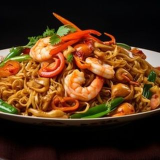 55А. Спагети със скариди на плоча, зеленчуци и яйца (700г)