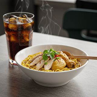 Chicken Noodles & a soda