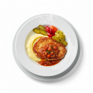 Escalop de porc cu piure și murături