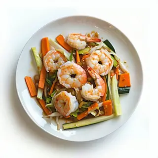 81. Gamberi con verdure miste saltate