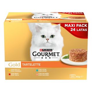 Gourmet Comida Húmeda en Multipack Gold Tartelette de Buey Pollo Salmón Atún para Gatos (24x85 gr) 7613038660813