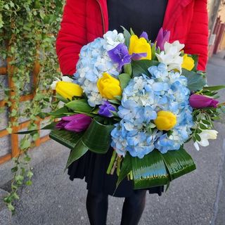 Buchet colorat cu Hortensii si flori de primanvara