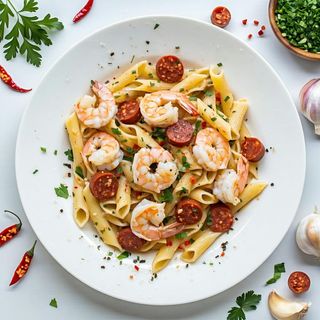 Makarony z krewetkami i chorizo