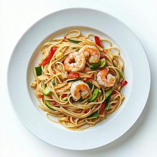 Spaghetti cinesi alla piastra con verdure miste e gamberi