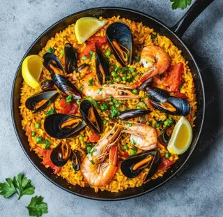 Paella cu mix de legume si fructe de mare