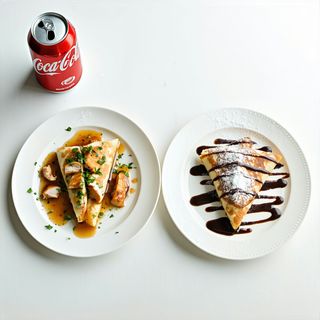 Сметаново пиле в палачинка + палачинка с шоколад + кока кола кен