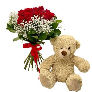 Trandafiri rosii si ursulet de plus