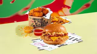 Burger + 4 bombs + patatas S + topping + salsa