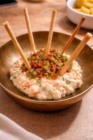 Ensaladilla con mahonesa de piparras, picadillo de pepinillos