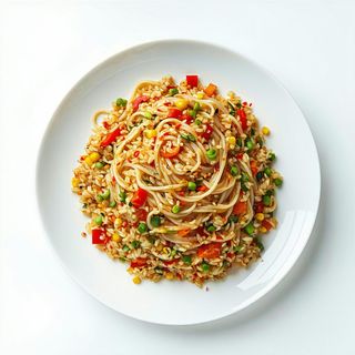Spaghetti di riso saltato con misto di verdure
