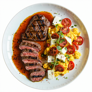 Churrasco De Ternera Revuelto De Chorizo, Ensalada De Tomate Y Queso