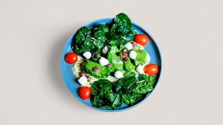 Пилешко филе с пюре от грах, спаначен сос и свежа салата