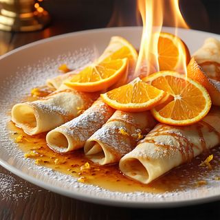 Clatite in sos de portocale, flambate in coniac