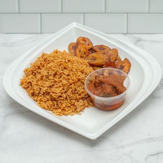 Jollof Rice, Plaintain, and 2 Beef