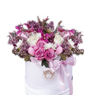 Cutie medie alba cu flori alb, roz, mov