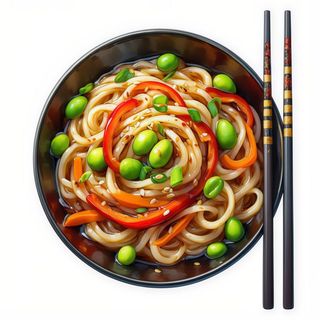 Wok udon con edamame, leche de coco y salsa tonkotsu