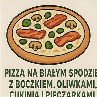 7.	Pizza na Białym Spodzie z Boczkiem, oliwkami, cukinią i pieczarkami.Rozmiar M