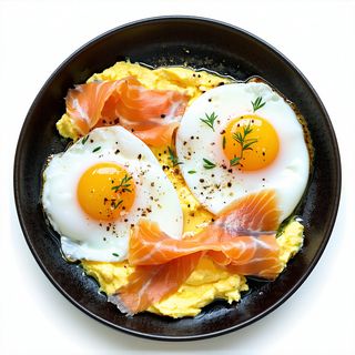 Scramble de huevos fritos, salmón, fresh y café