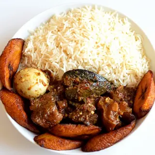 White Rice + Meat + Boiled Egg + Fried Plantain