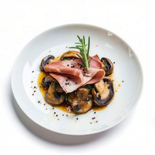 Salteado de setas a la pimienta negra con sábana de jamón