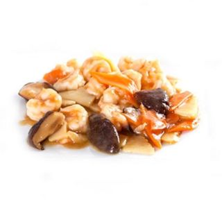 Gamberi con bambu e funghi