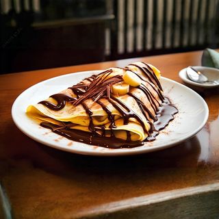 Crêpe nutella banane avec chocolat chaud fondu à l`ancien