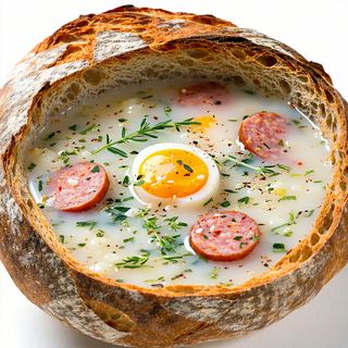 Staropolski żurek podany w chlebku z jajkiem i białą kiełbasą