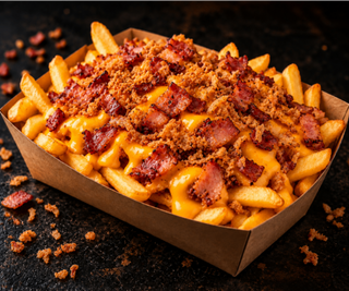 Frytki z sosem cheddar, grillowanym bekonem i prażoną cebulką