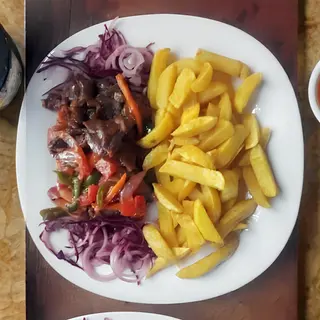 Pan Fried Beef + Chips + Rice