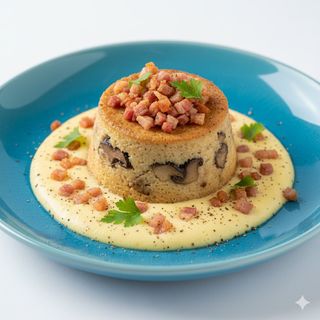 Flan ai funghi su fonduta di formaggio e guanciale croccante