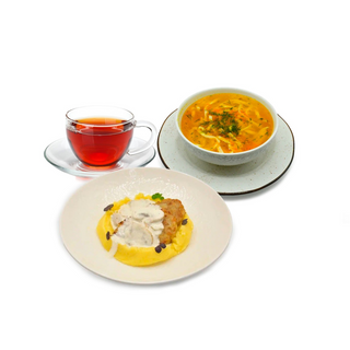 Суп лапша, котлеты пожарские, черный чай (400 мл)