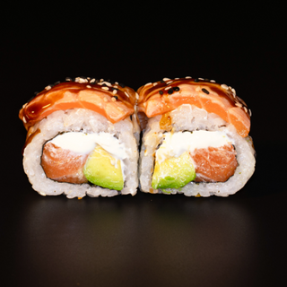 127. Rollo salmón flambeado (salmón flambeado aguacate y queso)(8ds)
