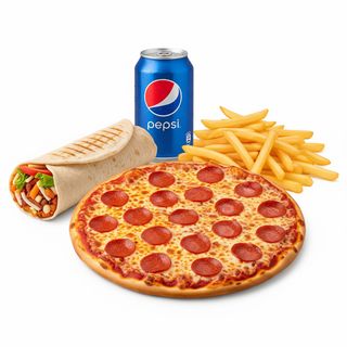 Dürum + Pizza (30 Cm.) + Patatas + Pepsi 2L