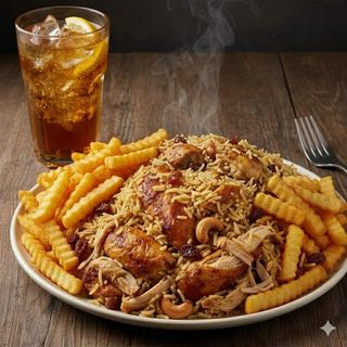 Chicken + pilau + chips + soda