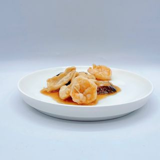 Gamberi con bambu e funghi