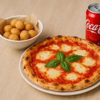 1 porzione di zeppoline +Margherita +Coca-Cola Lattina 330ml