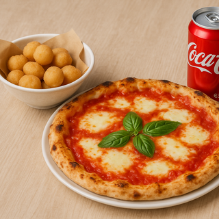 1 porzione di zeppoline +Margherita +Coca-Cola Lattina 330ml