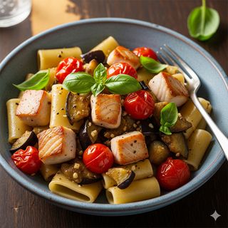 Paccheri con cardolata di pesce spada, melanzane e pomodori ciliegino