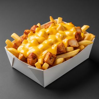 Patatas fritas con pollo crujiente y salsa de queso