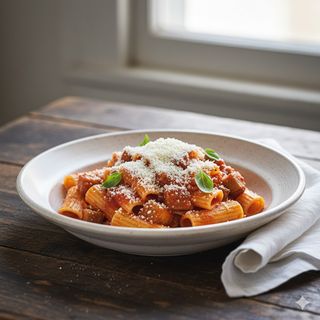 Paccheri del pastificio Mancini alla norma con ricotta salata informata