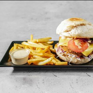 Veg burger+bebidas+fries (vegan menu deal)