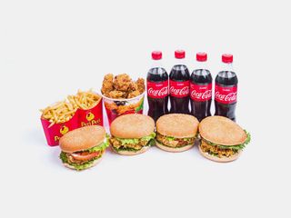 Зингер Бургер (4шт)+Крылья (12шт)+Фри Бол. (2шт)+Напитки (4шт)+Соус