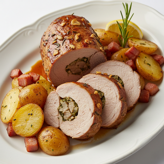 Mușchiuleț de porc împănat și cartofi la cuptor